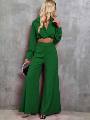 Collared Neck Long Sleeve Top and Wide Leg Pants Set