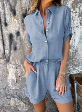 Short-sleeved Suits Fashion Lapel Button Shirt Top And Pocket Shorts Women's Clothing