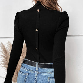 Women's Solid Color High Neck Back Button Decoration Slim Fit Long Sleeved T-shirt