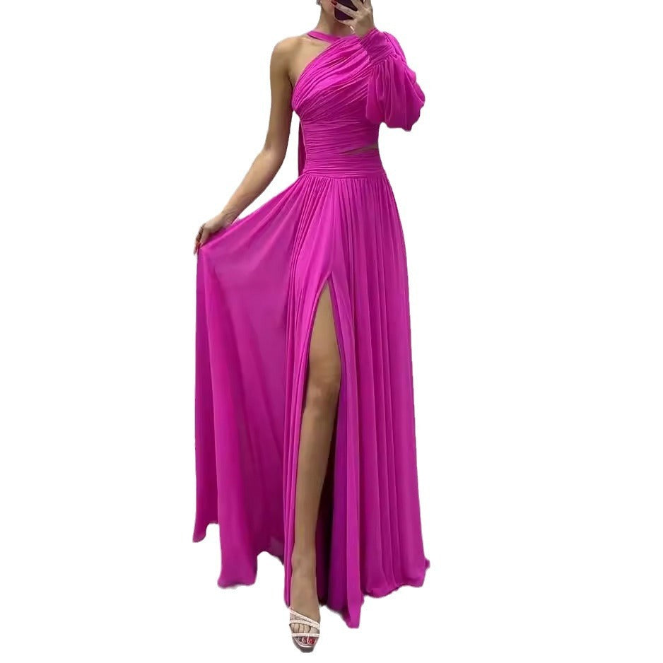 Women's Casual Off-shoulder Solid Color Pleated Hollow Dress