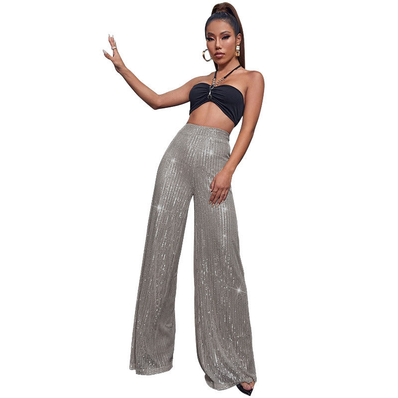 High Waist Casual Pants Sequins Loose-fitting Drape