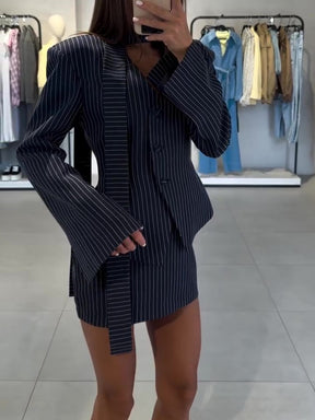 Wrap - Style Striped Jacket & Mini Skirt Two - Piece Set