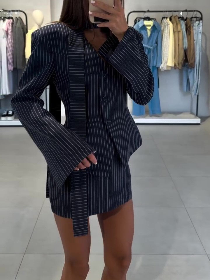 Wrap - Style Striped Jacket & Mini Skirt Two - Piece Set
