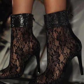 Lace mesh fine-heeled medium boots women