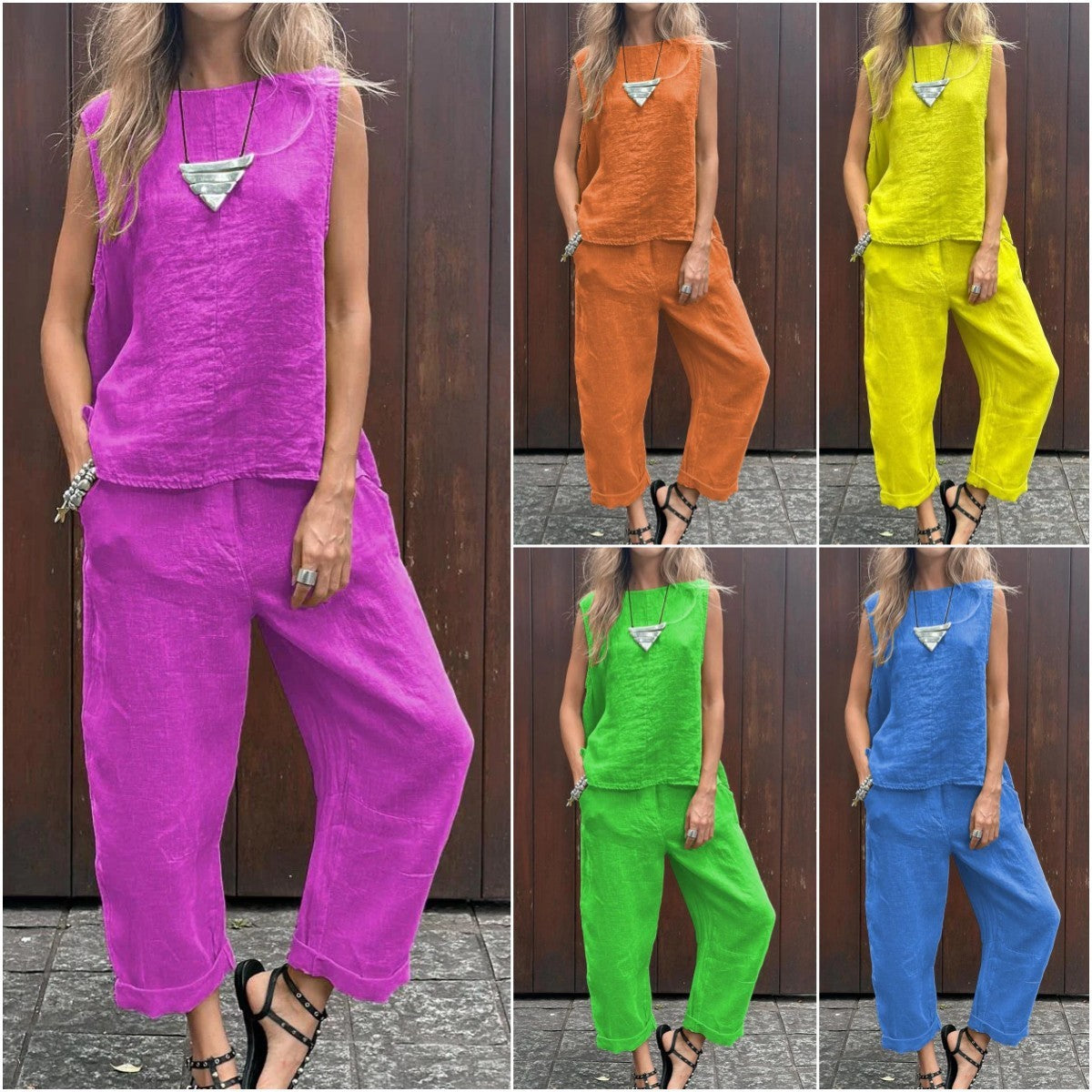 Cotton And Linen Fashion Casual Loose Two-piece Suit Sleeveless Top Loose Trousers Women's Suit