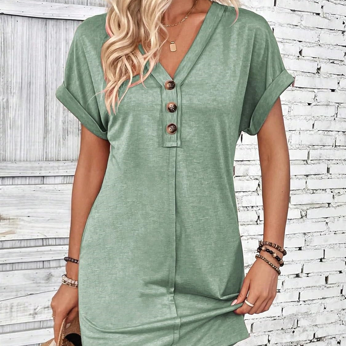 Women's Fashion Buckle V-neck With Shoulder Roll Sleeve Dress