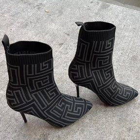 Fashion Ankle Boots Women Thigh High Heel Boots Pointed Toe Print Shoes