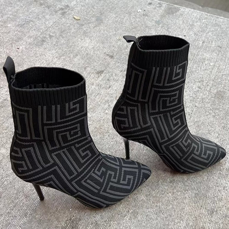 Fashion Ankle Boots Women Thigh High Heel Boots Pointed Toe Print Shoes
