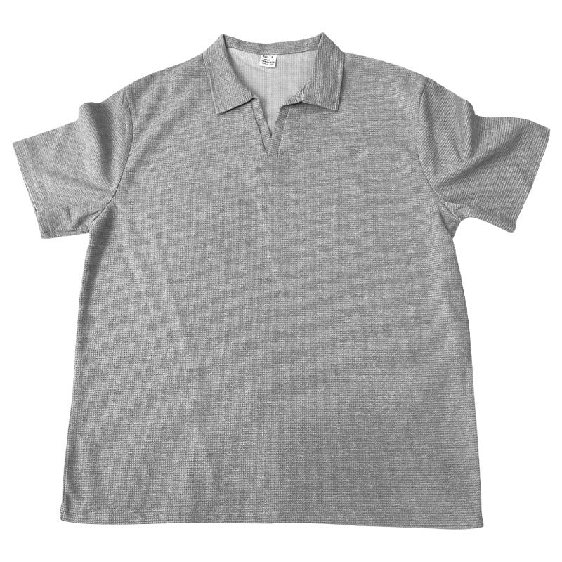 INS Waffle Lapel Short-sleeved T-shirt Summer Fashion Solid Color V-neck Polo Shirt Tops Men's Clothing