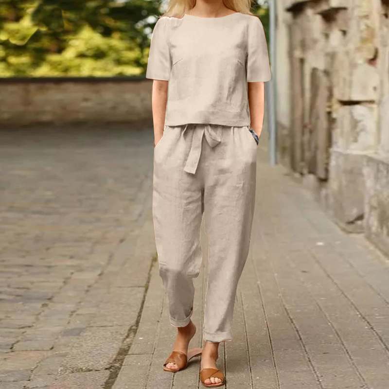 Women's Cotton Hemp Half Sleeve O-Neck Oversized Hoodie Wide Leg Pants Retro Set Two Pieces