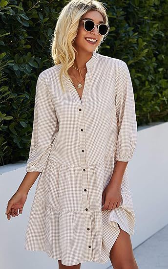 Plaid Printed Ruffle Dress V Neck Button Three-quarter Sleeves Dresses For Women Clothing