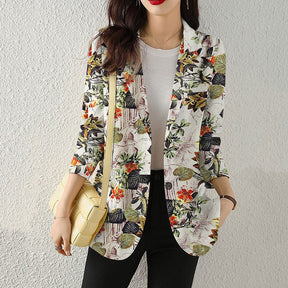 Women's Button Printed Long-sleeved Pocket Vintage Cotton And Linen Blazer