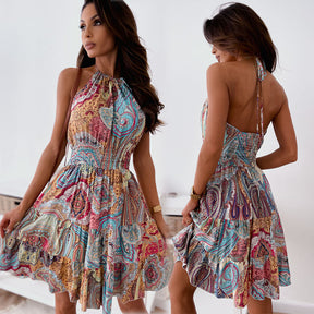 Floral Backless Dress Boho Pleated Skirt