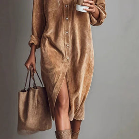 Turn-Down Collar Buttons Chic Casual Dress, Women Spring Autumn Solid Simple Party Dress, Long Sleeve Holiday Ladies Dress