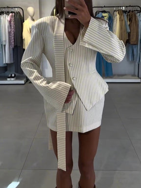 Wrap - Style Striped Jacket & Mini Skirt Two - Piece Set