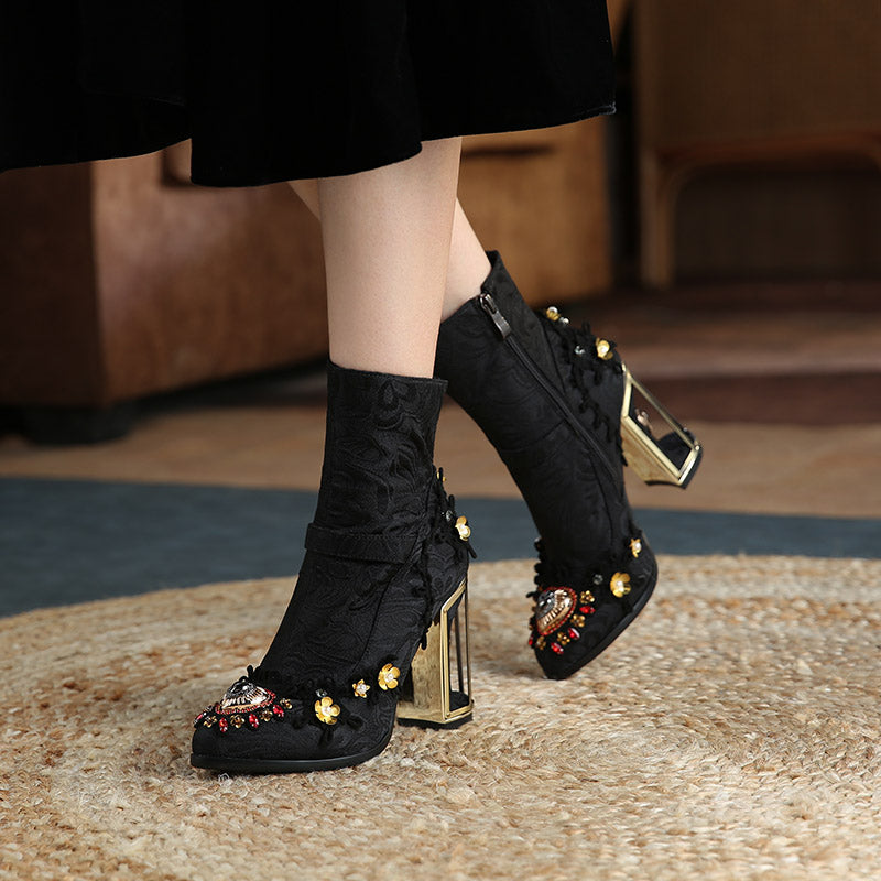 Heel Mid-tube Boots Beaded Embroidery Side Zipper Women Boots