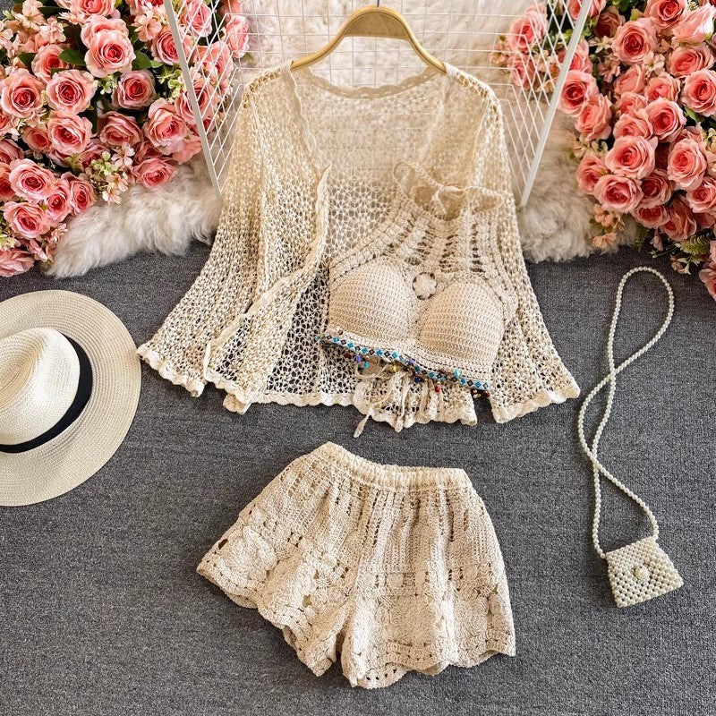 Cardigan Jacket High Waist Crocheted Shorts Beach Holiday Hot Spring Casual Suit