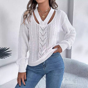 Hollow Out V-neck Twist Lantern Sleeve Pullover Sweater