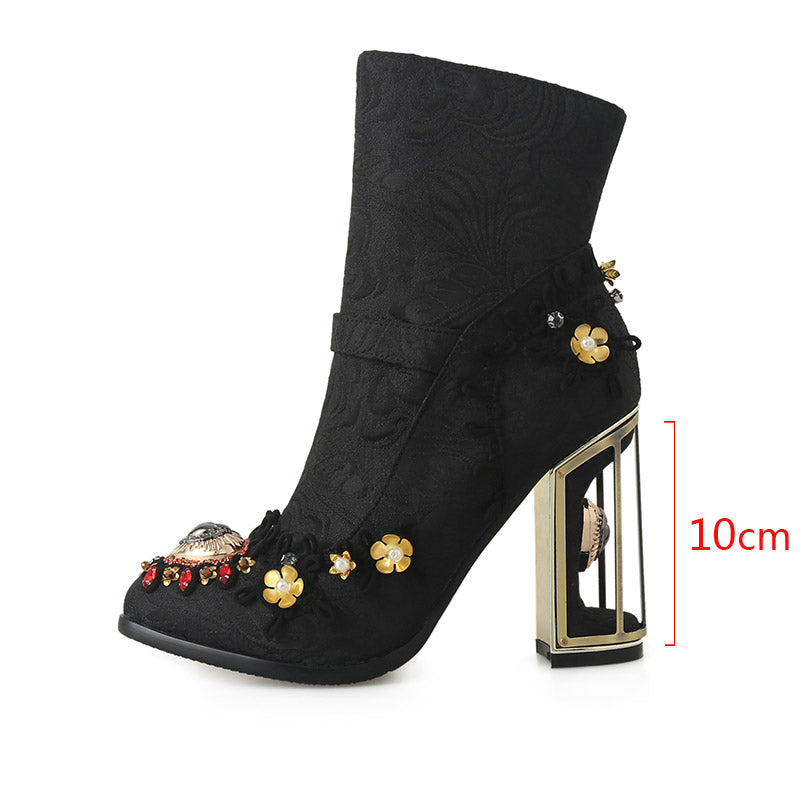 Heel Mid-tube Boots Beaded Embroidery Side Zipper Women Boots