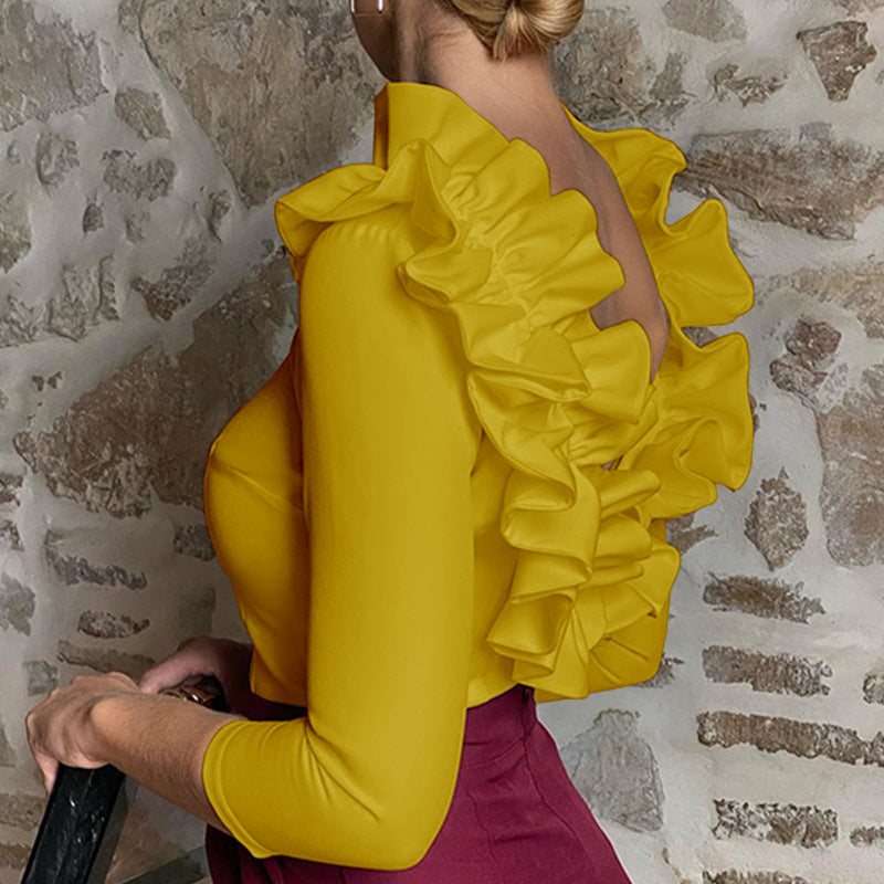 Temperament Women's New Sexy Niche Design Ruffle Neck Top