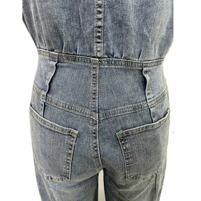 Leisure Washed-out Sleeveless Denim One-piece Wide-leg Pants Women