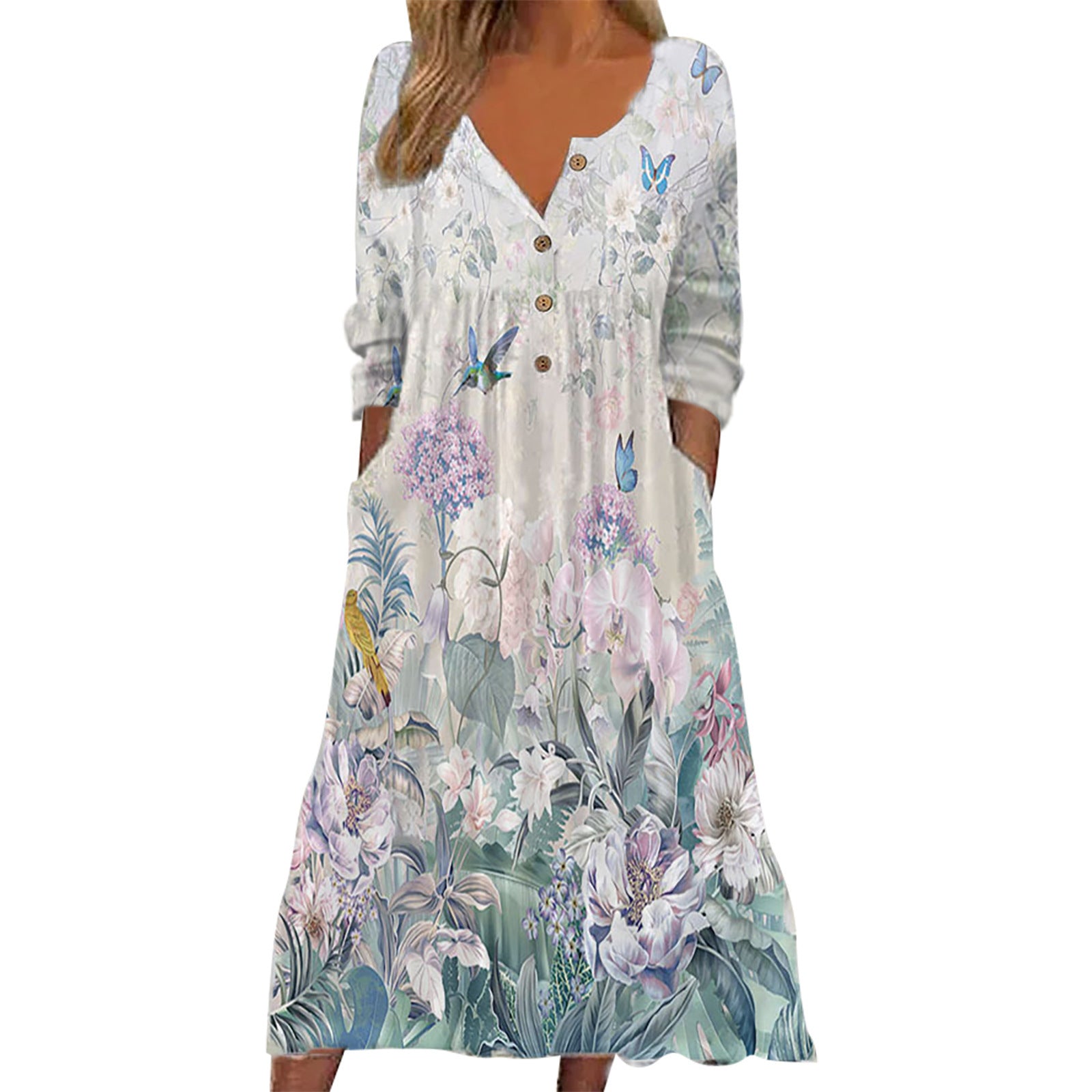 European And American Printed Pocket Cardigan Clinch Long Dress