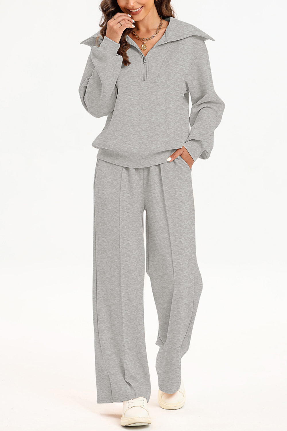 Half Zip Collared Neck Sweatshirt and Pants Set