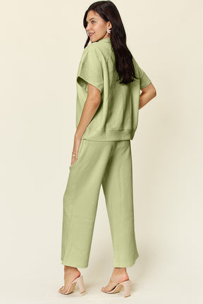 Double Take Full Size Texture Half Zip Short Sleeve Top and Pants Set