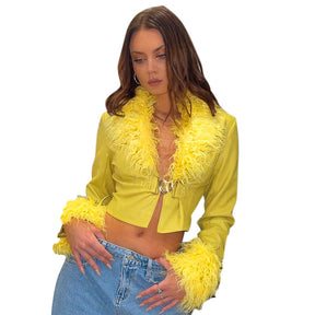Solid Color Casual Round Neck Fleece Button Long Sleeve Leather Top