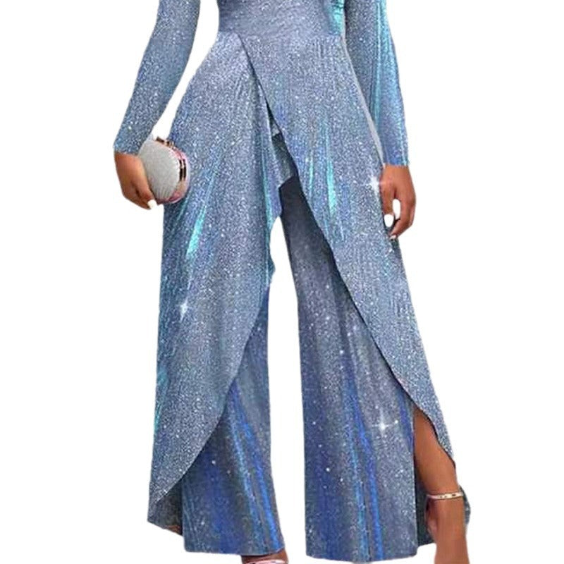 European And American Fashion Sexy Sequined Long Skirt Diagonal Mid-waist Temperament Commute Jumpsuit