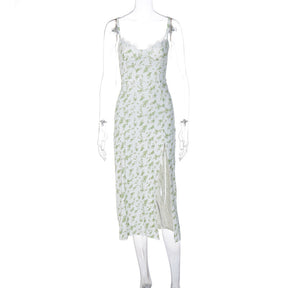 Lace Flowers Print Long Dress Sexy Fashion Slit Suspender Dress Summer Womens Clothing