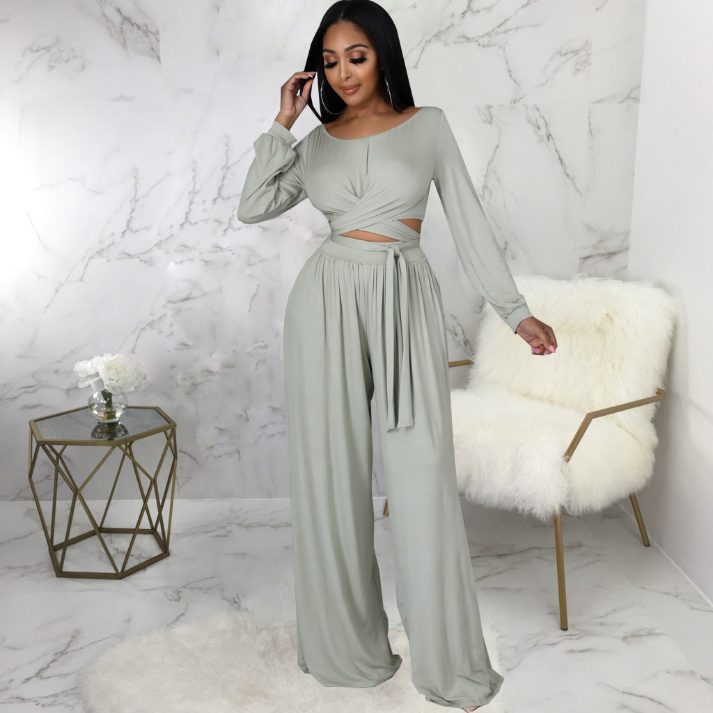 Women's Fashion Solid Color Long Sleeve Crew Neck Top Trousers Set