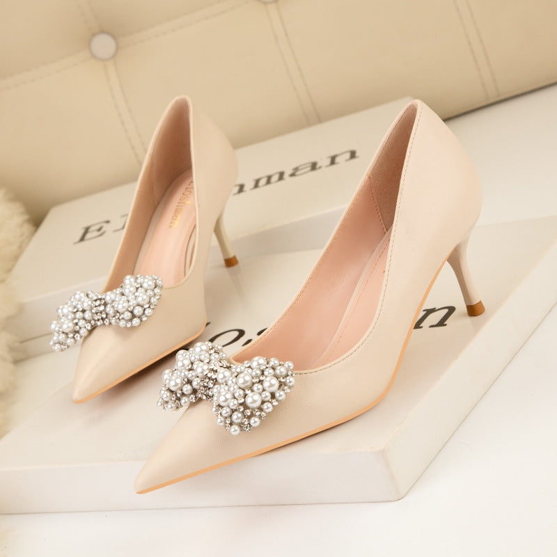 Women's Fashion Banquet Pointed Toe Pearl Bow High Heels