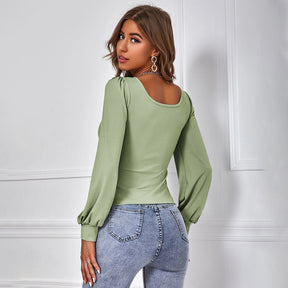 Women's Avocado Green Puff Sleeve Knitted Long-sleeved Top