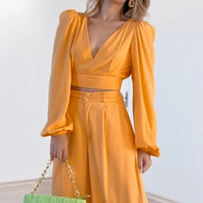 Women's Graceful And Fashionable Casual V-neck Long Sleeve Shirt High Waist Wide Leg Pants Suit