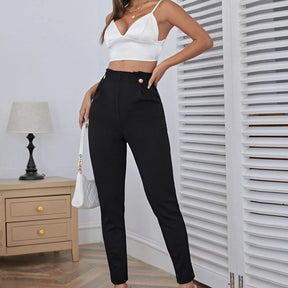 Women's Solid Color Tight Pants With Buttons And Pleated Details At The Waist, Versatile Casual Pants