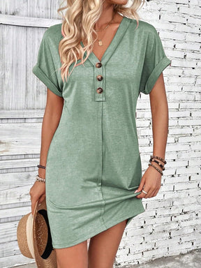 Women's Fashion Buckle V-neck With Shoulder Roll Sleeve Dress