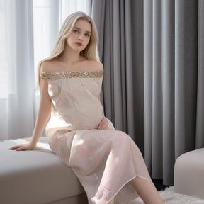 French Style Off-shoulder Sequined Tube Top Dress Lazy Vacation Style Seaside Pregnant Women Can Also Wear