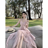 Summer Seaside Vacation Irregular  Halter Spaghetti Straps Backless Dress Women
