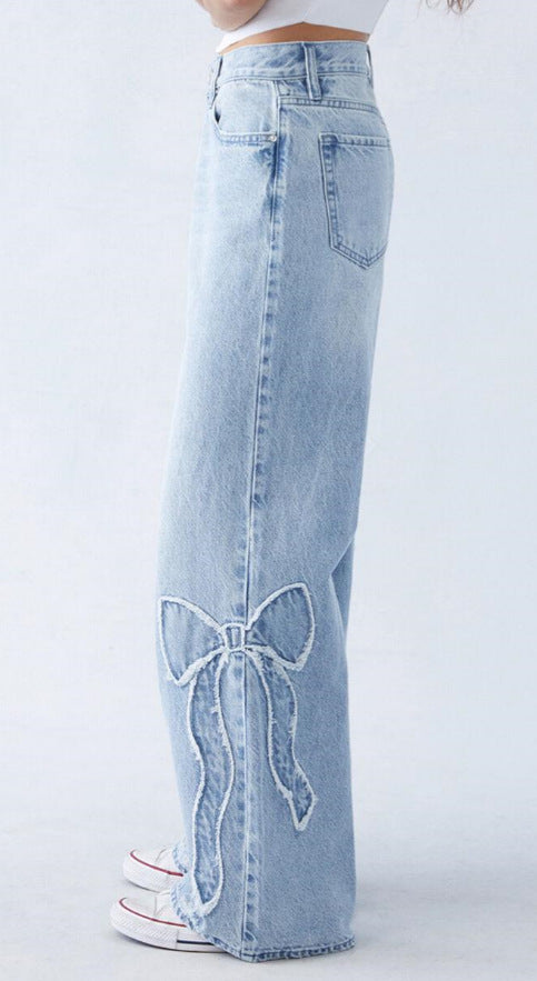 Embroidered Side Frayed Butterfly Jeans Street Design Hot Girl Baggy Straight Trousers