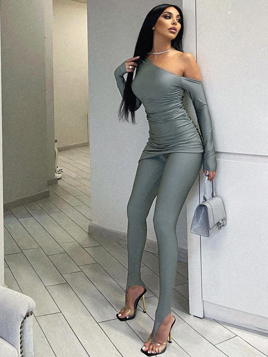 Solid Color One-shoulder Cold-shoulder Long Sleeve Top Tight Trousers Casual Suit