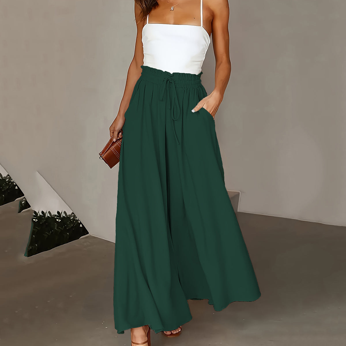Plus Size Wide Leg Pants - Stylish Solid Paper Bag Waist Design, Elegant Pocket Tie Front, Loose Fit For Comfort, Perfect For Spring & Summer, Women's Fashionable Clothing For Curvy Figures