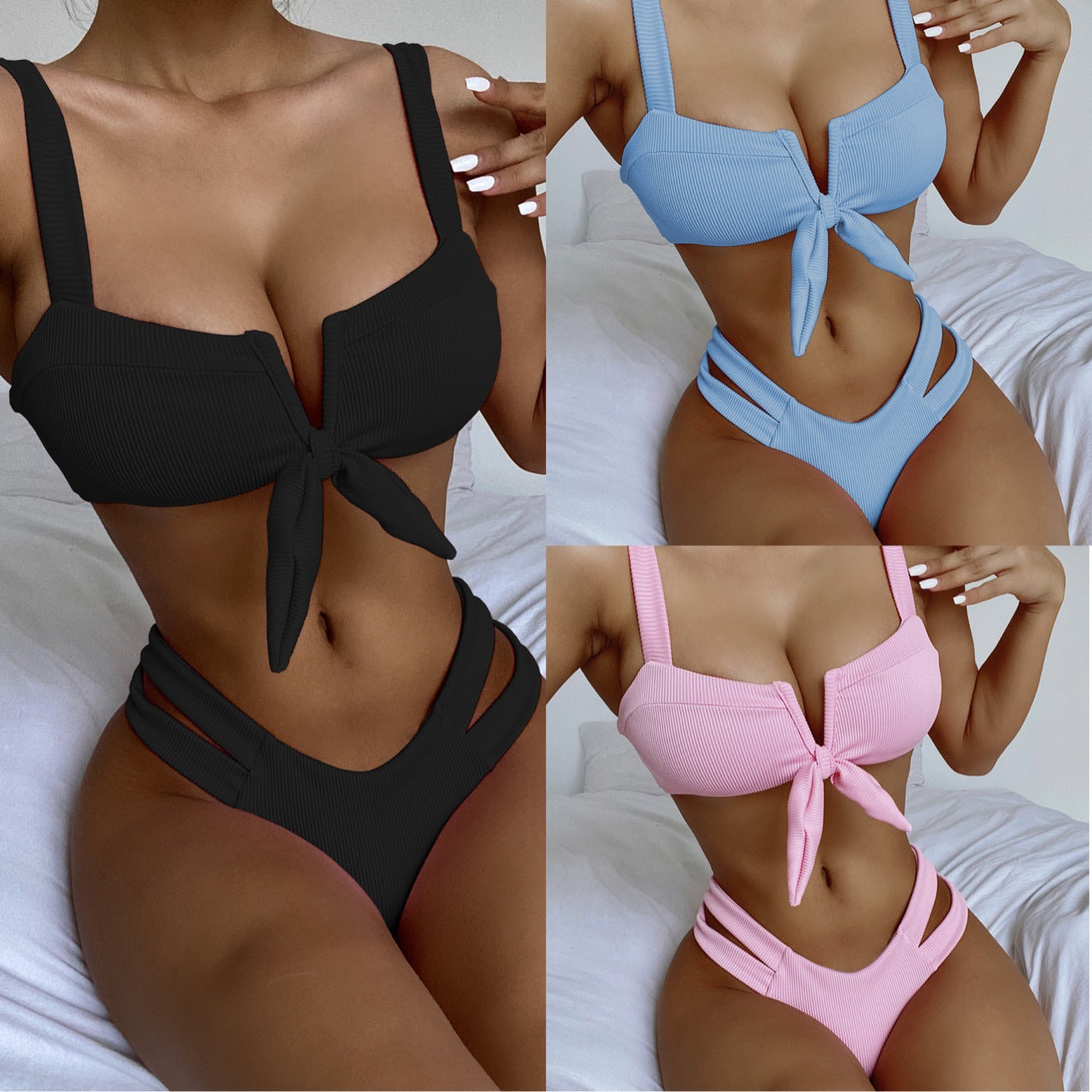 Color Double Shoulder Split Swimsuit Bikini Swimsuit