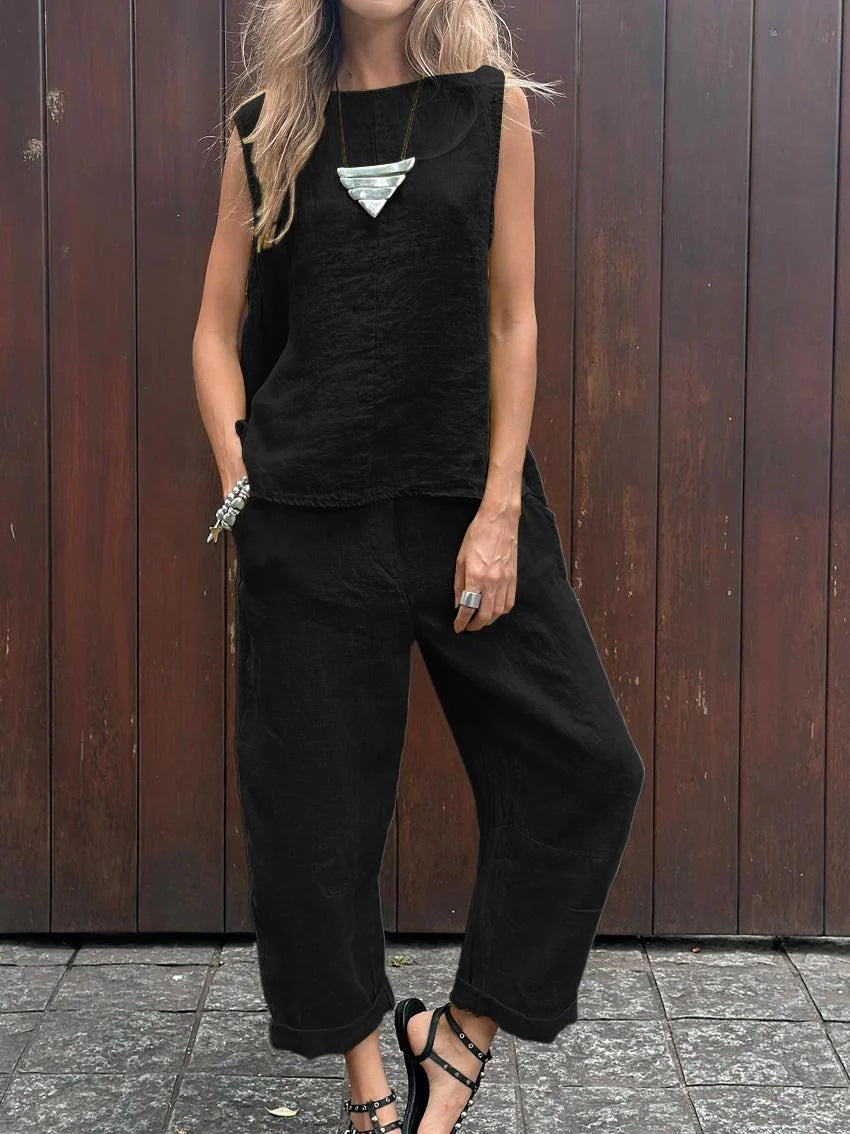 Cotton And Linen Fashion Casual Loose Two-piece Suit Sleeveless Top Loose Trousers Women's Suit