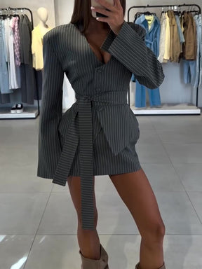 Wrap - Style Striped Jacket & Mini Skirt Two - Piece Set
