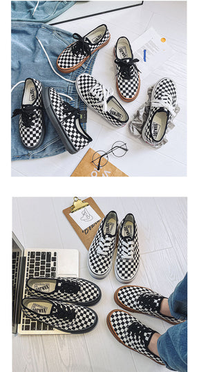 Black And White Plaid Canvas Shoes For Women Men Summer New Korean Style Breathable Skate Shoes For Students