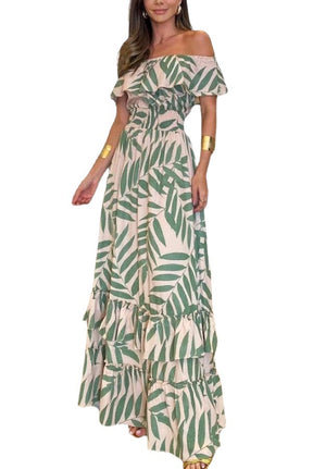 Off-neck Elastic Waist Large Swing Dress Holiday Dress
