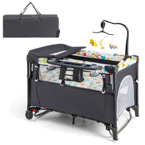 Grey Foldable Baby/Toddler Playpen Bassinet Bed Crib Music Box