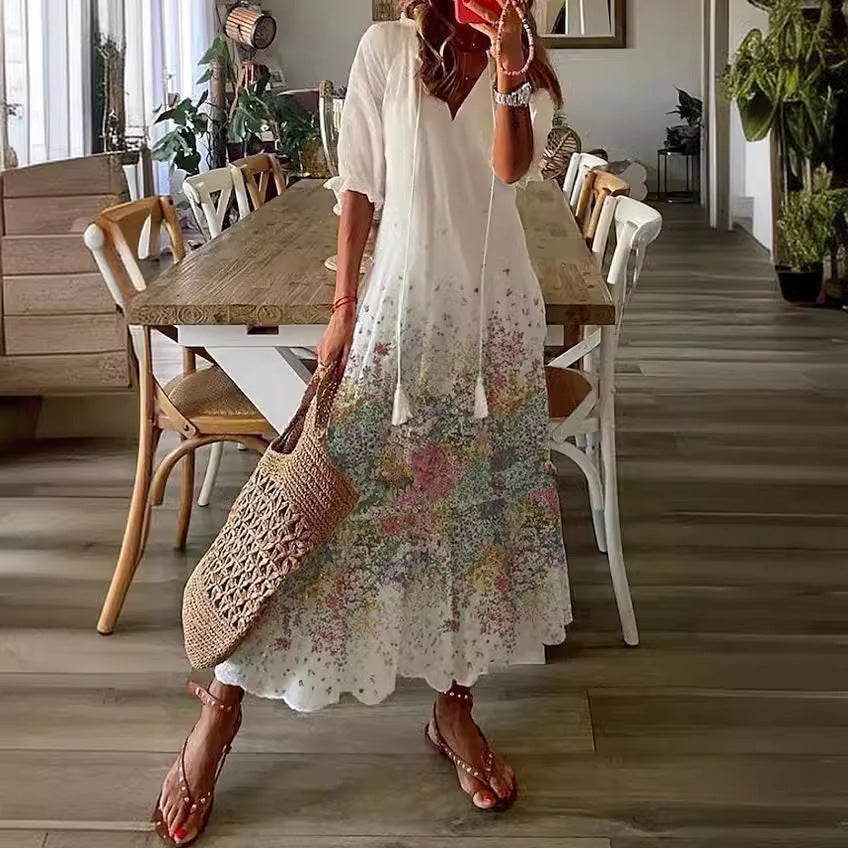 Long Sleeve Loose Bohemian Printed V-neck Maxi Dress