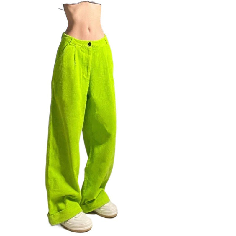 American Retro Fluorescent Green Loose High Waist Straight Slimming Women's Wide Leg Pants